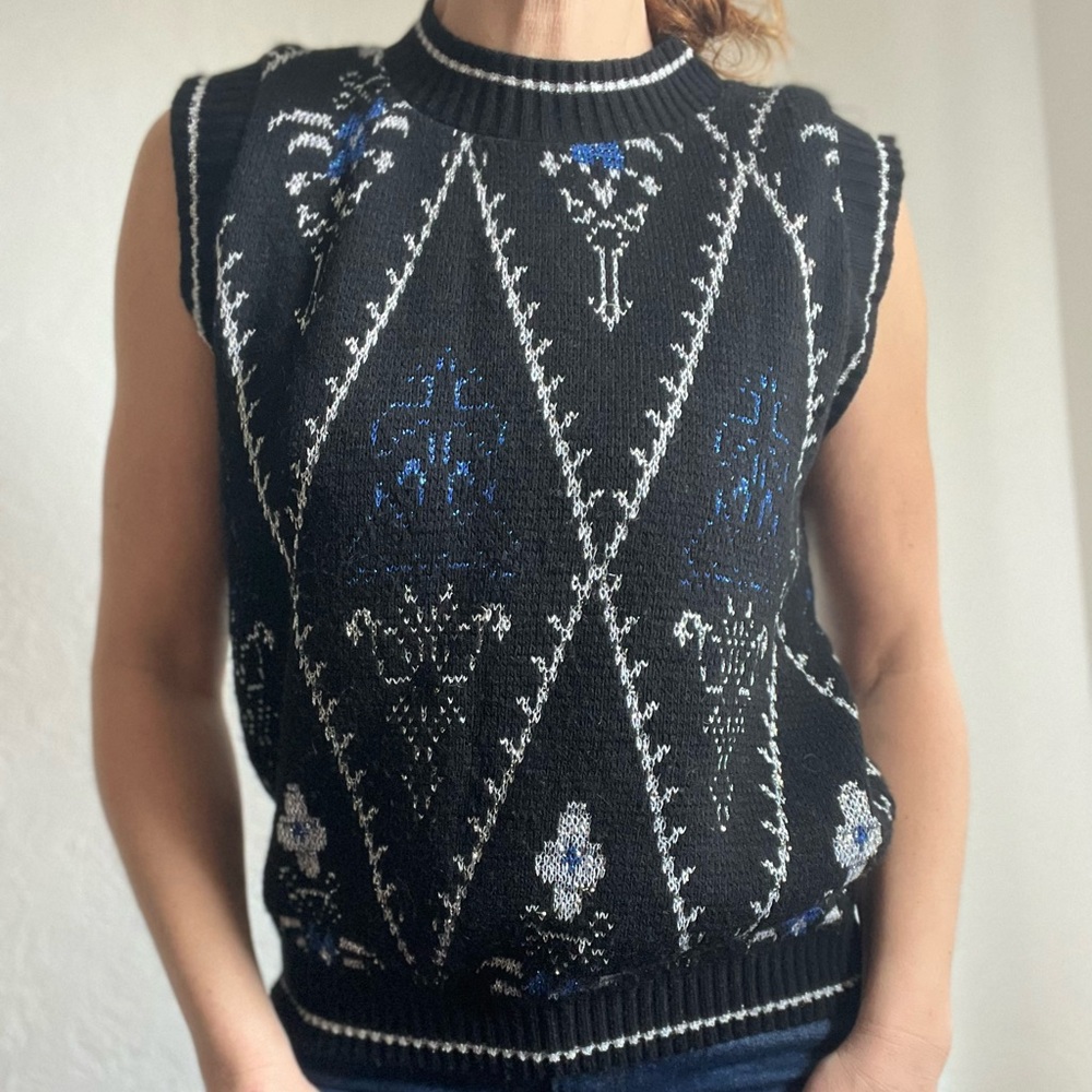 Vintage unbranded sweater vest USA made black with shiny silver and blue inlay